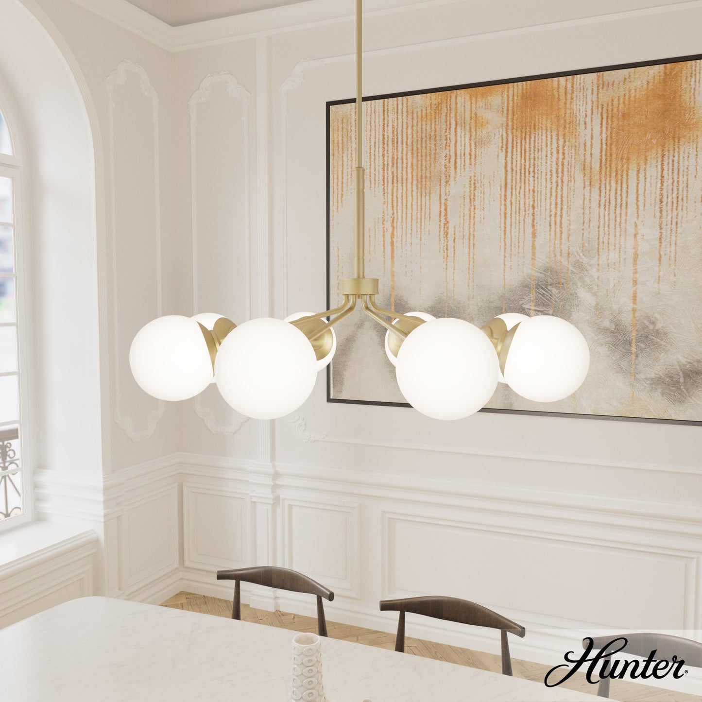 Hunter Hepburn 8 -Light Satin Brass Mid-century For Use in Bedrooms, Dining Rooms, Foyers, Kitchens, Living Rooms Chandelier 4849557