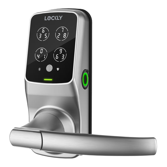 Lockly Secure Plus Latch Bluetooth Smart Locks Satin Nickel Smart Lock Electronic Handle with Wifi Bluetooth and Fingerprint Touchscreen Keypad PGD 628F SN