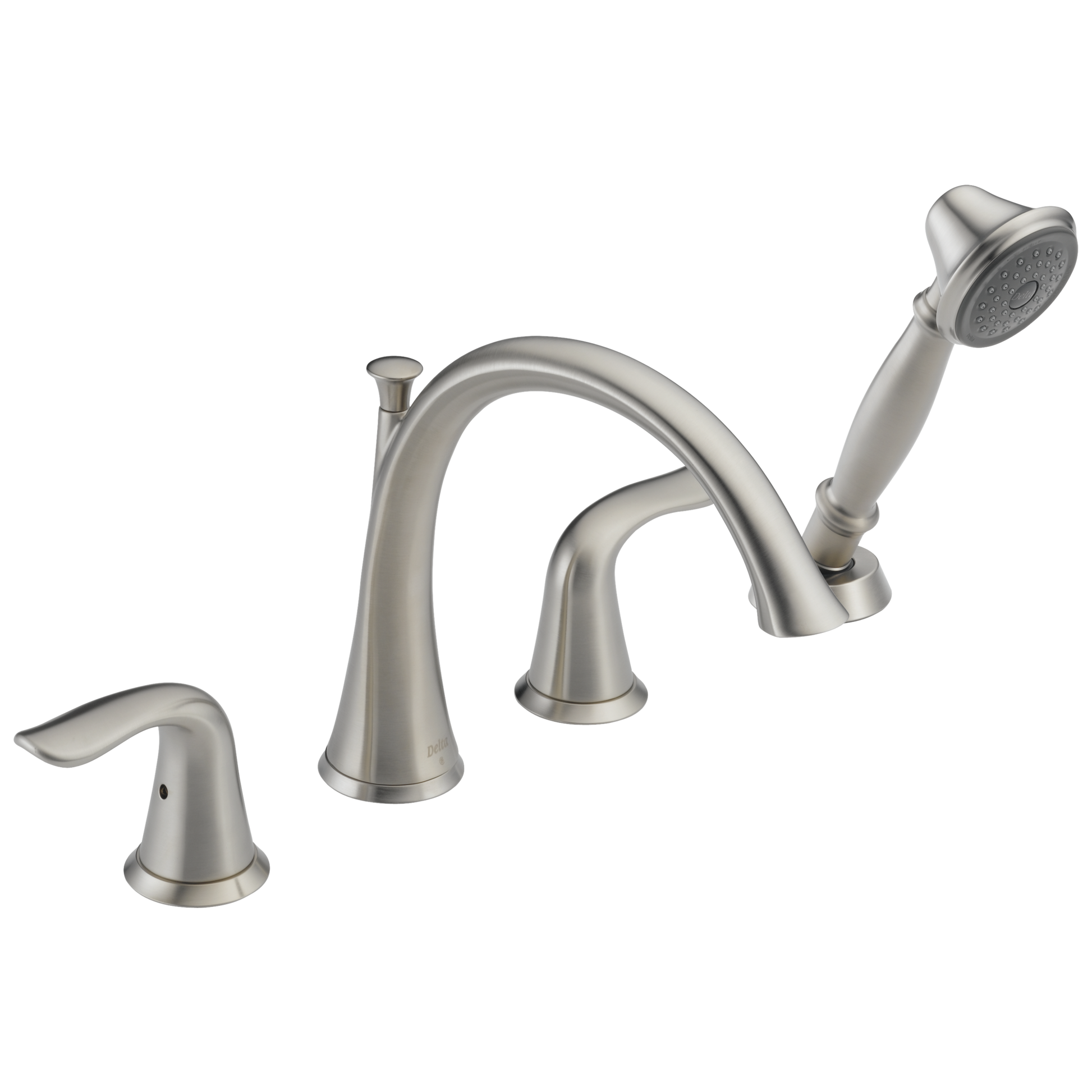 Delta Lahara Stainless Steel 2-handle Deck-mount Roman High-arc Bathtub Faucet with Hand Shower