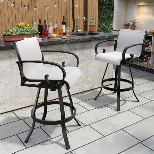 Crestlive Products Sunbrella Set of 2 Brown Metal Frame Swivel Bar Stool Chair with White Mesh Seat