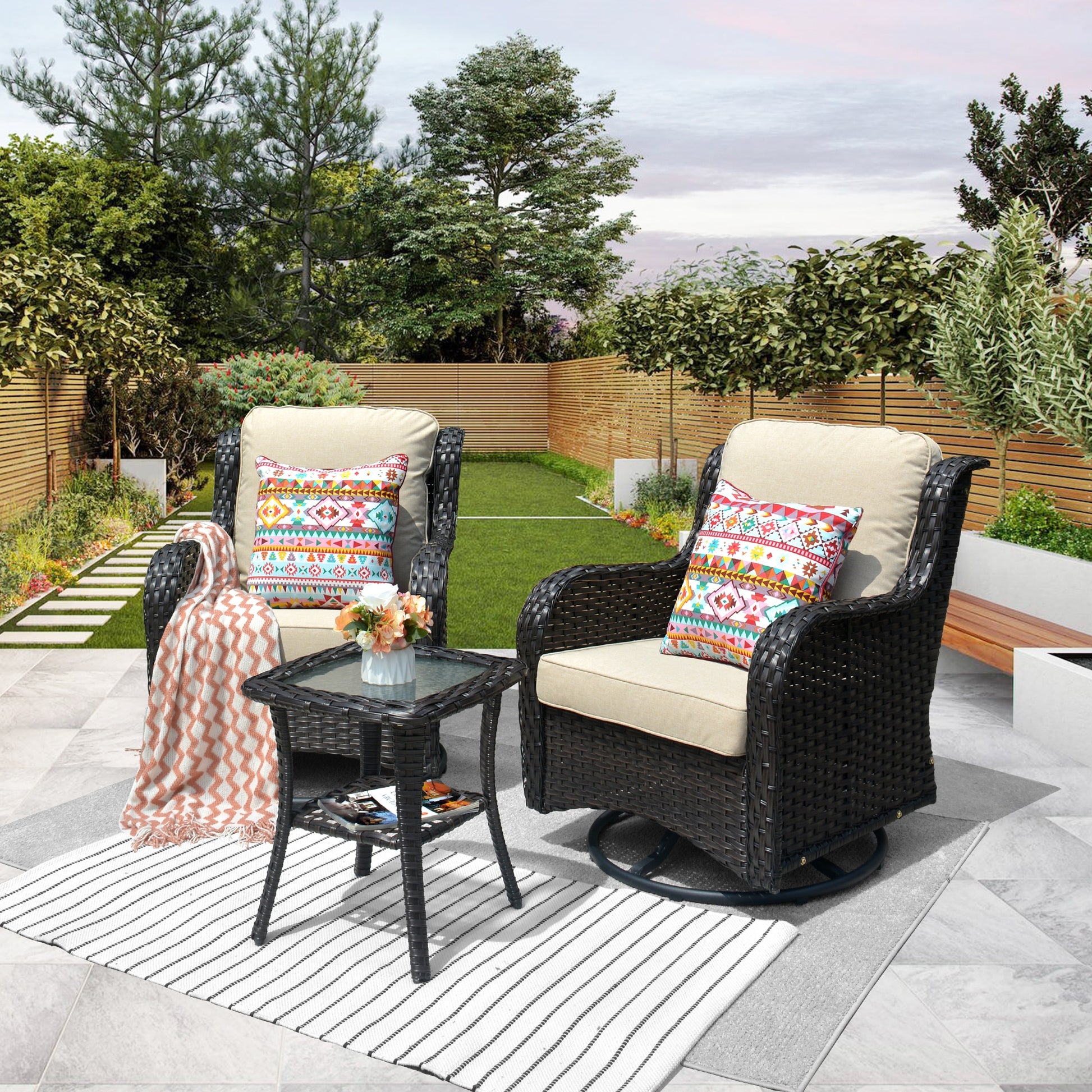 XIZZI Vesta 3 -Piece Wicker Patio Conversation Set with Off-white Cushions