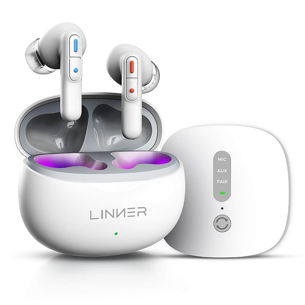 LINNER - Nova Noise Canceling OTC Bluetooth Hearing Aids with Volume Control and Wireless Microphone - White