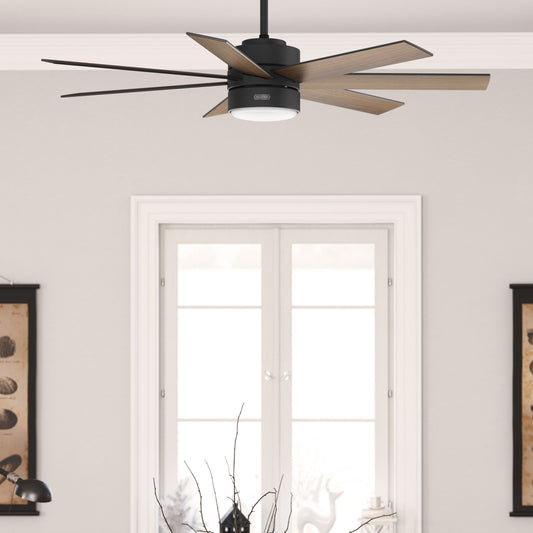 Hunter Kamshaw SureSpeed 60-in Integrated LED Outdoor Matte Black with Roasted Maple Blades Ceiling Fan With Light - Remote Included ( 7 -Blade ) 5497081
