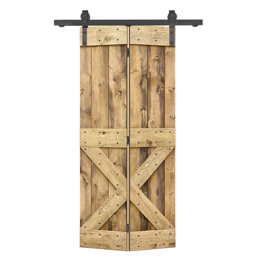 CALHOME 30-in x 84-in Weather Oak X-frame Pine Wood Solid core Single bifold Barn Door (Hardware Included)