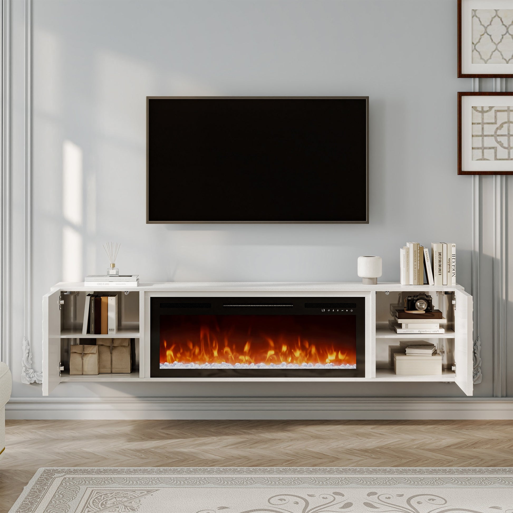 Clihome 67.32-in W White TV Stand with Fan-forced Electric Fireplace CL-WMTVS017-WHI-F018