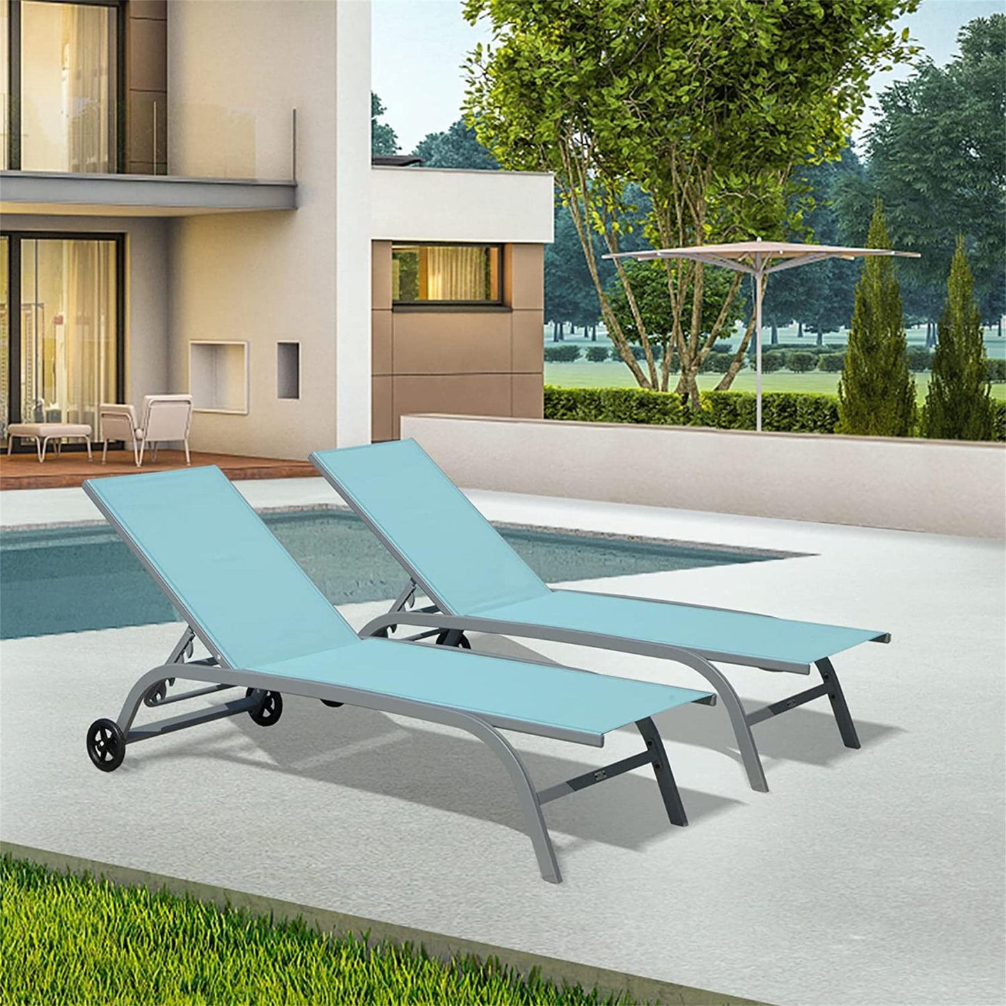 Bayfeve Chaise Lounge Chairs with Wheels Set of 2 Gray Aluminum Frame Stationary Chaise Lounge Chair with Blue Sling Seat