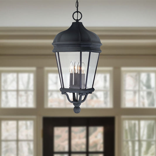 Minka Lavery Harrison 4 -Light Black Traditional Beveled glass Lantern Medium Outdoor Hanging Pendant light 1664960