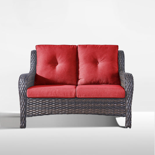 Rilyson Curved armrest Wicker Outdoor Loveseat with Red Cushions and Wicker Frame