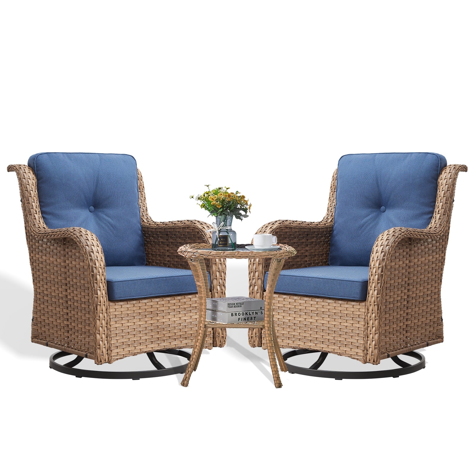 Rilyson Curved handrail Set of 2 Wicker Yellow Wicker Frame Swivel glider Conversation Chair with Blue Blue Cushioned Seat