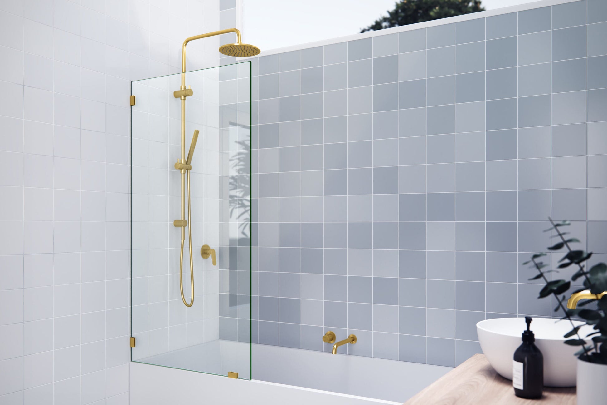 Glass Warehouse Satin Brass 32-in W x 58.25-in H Frameless Clear Glass Fixed Bathtub door