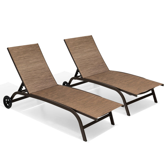 Crestlive Products Aluminum Adjustable Chaise Lounge Set of 2 Brwon Aluminum Frame Stationary Chaise Lounge Chair with Brown Texteline Sling Seat