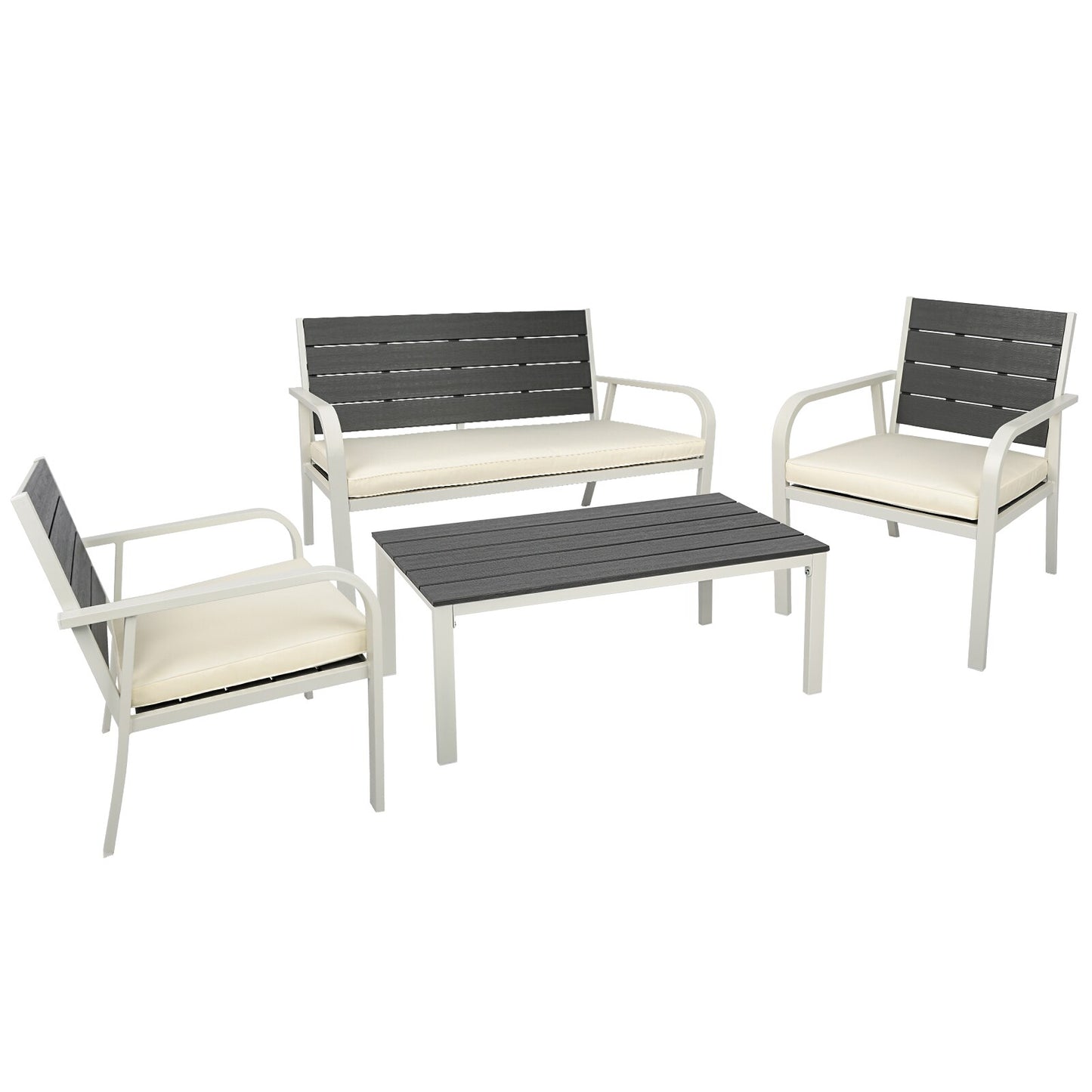 CESICIA Patio Furniture Sets Set of 3 Stackable White Steel Frame Stationary Conversation Chair with Off-white Cushioned Seat