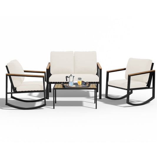 JEAREY 4-Piece Patio Conversation Set with Removable Cushions and Rocking Chairs 4 -Piece Patio Conversation Set with Off-white Cushions