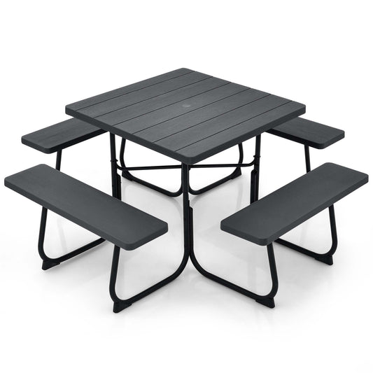 Costway Black Patio Dining Set Plastic Square Table with 4 Stationary Chairs