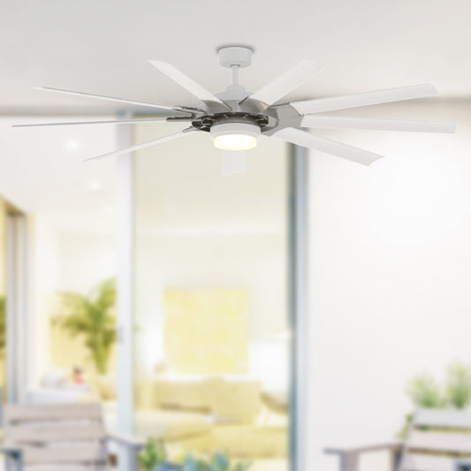 Fanimation Studio Collection Slinger v2 72-in Color-Changing Integrated LED Outdoor Brushed Nickel and White with White Blades Ceiling Fan With Light - Remote Included ( 9 -Blade ) 2851336