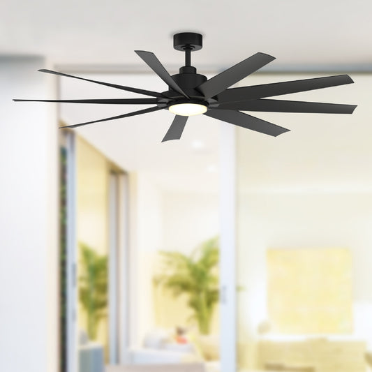 Fanimation Studio Collection SixtyFour 64-in Color-Changing Integrated LED Outdoor Black with Matte Black Blades Ceiling Fan With Light - Remote Included ( 9 -Blade ) 5497084