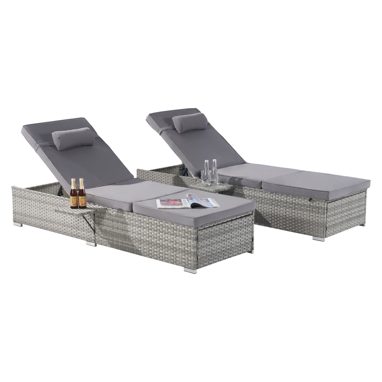 SINOFURN Set of 2 Rattan Gray Metal Frame Stationary Recliner Chair with Gray Cushioned Seat