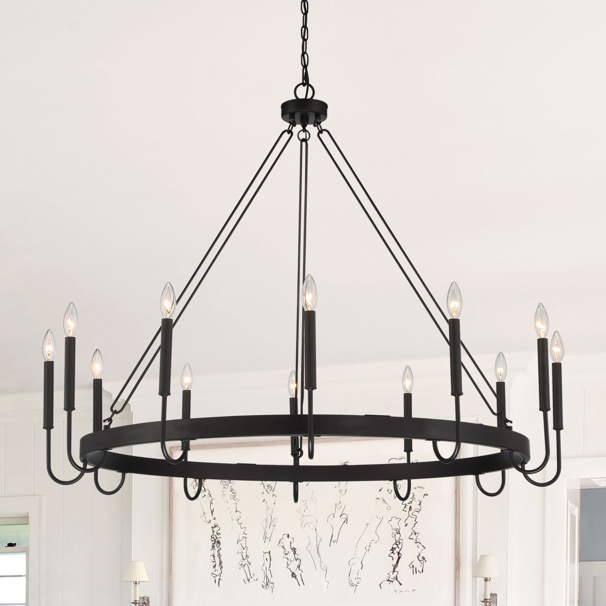 ACROMA Montgomery 12 -Light Matte Black Farmhouse Bare bulb For Use in Bedrooms, Dining Rooms, Foyers, Kitchens, Living Rooms Chandelier