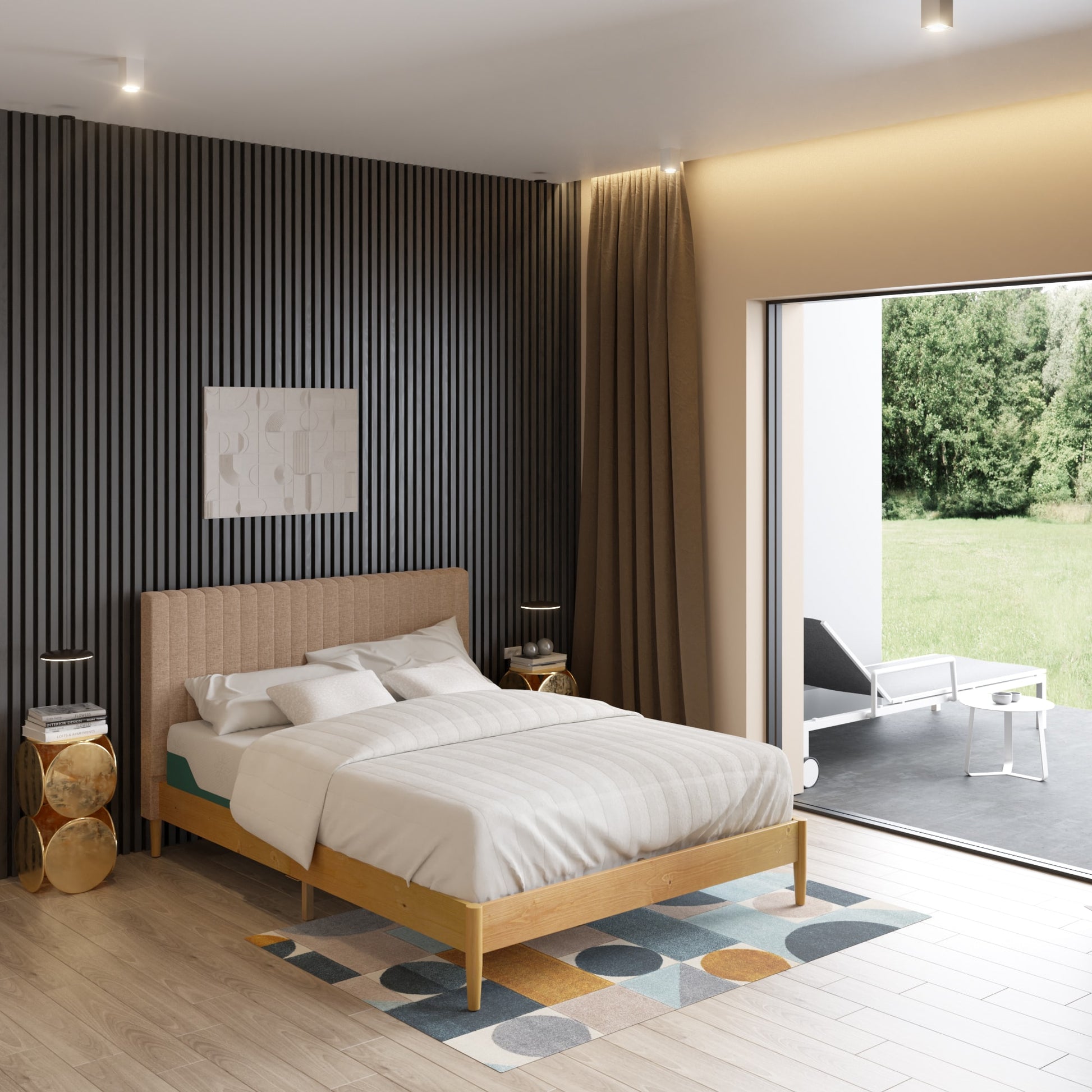 Zinus Queen Latte Wood Upholstered Bed with Headboard