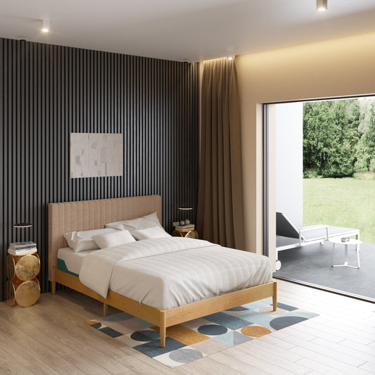 Zinus Queen Latte Wood Upholstered Bed with Headboard