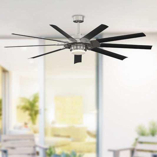 Fanimation Studio Collection Slinger v2 72-in Color-Changing Integrated LED Outdoor Brushed Nickel and Black with Black Blades Ceiling Fan With Light and Remote ( 9 -Blade ) 795393