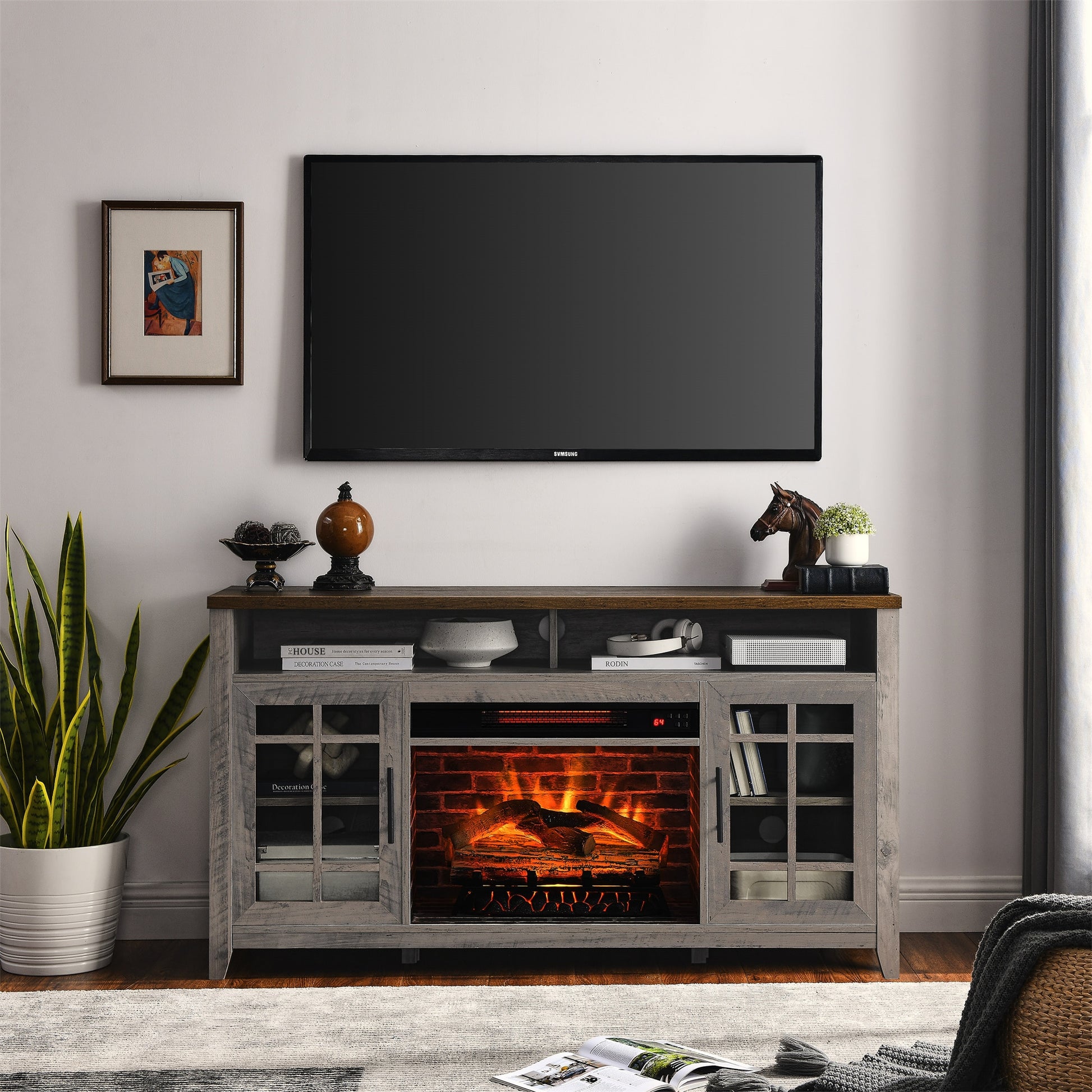 BABOOM 55-in W Gray Wash TV Stand with Infrared Quartz Electric Fireplace BOM-9132643-OR