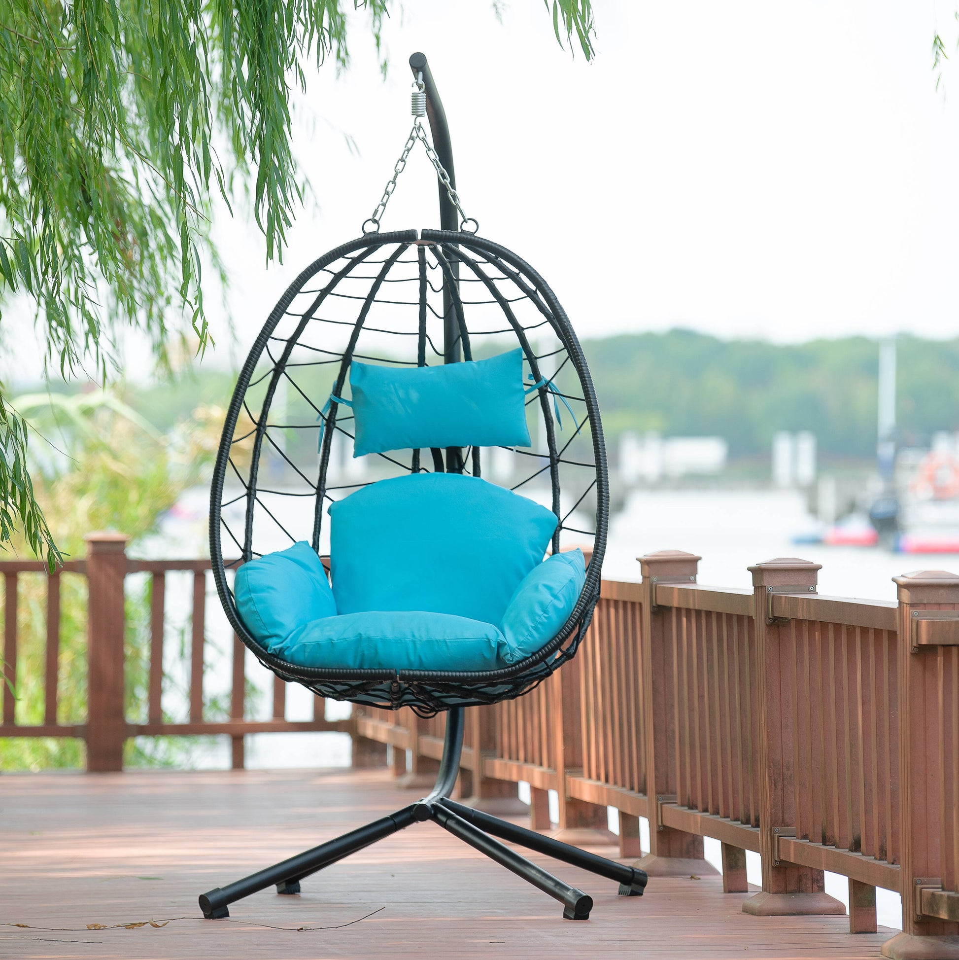 Forclover Patio Swing Hammock Egg Chair Black Steel Frame Hanging Egg Chair with Blue Cushioned Seat