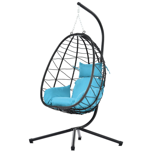 Mondawe Egg Chairs Wicker Black Metal Frame Hanging Egg Chair with Blue Cushioned Seat