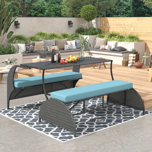 Runesay 3 -Piece Gray Wicker Patio Dining Set Wicker Rectangle Table with 2 Blue Cushions Stackable Stationary Chairs