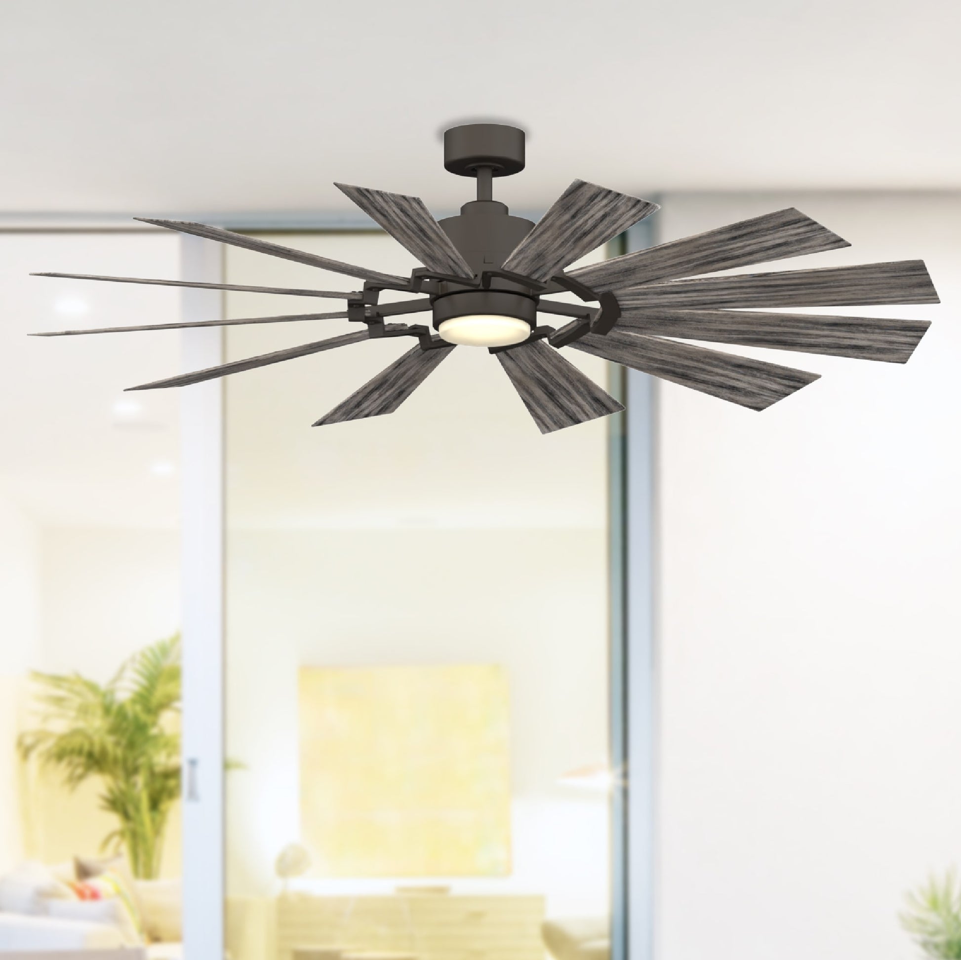 Fanimation Studio Collection Kindred 60-in Color-Changing Integrated LED Outdoor Matte Greige with Weathered Wood Blades Ceiling Fan With Light - Remote Included ( 12 -Blade ) 2599788
