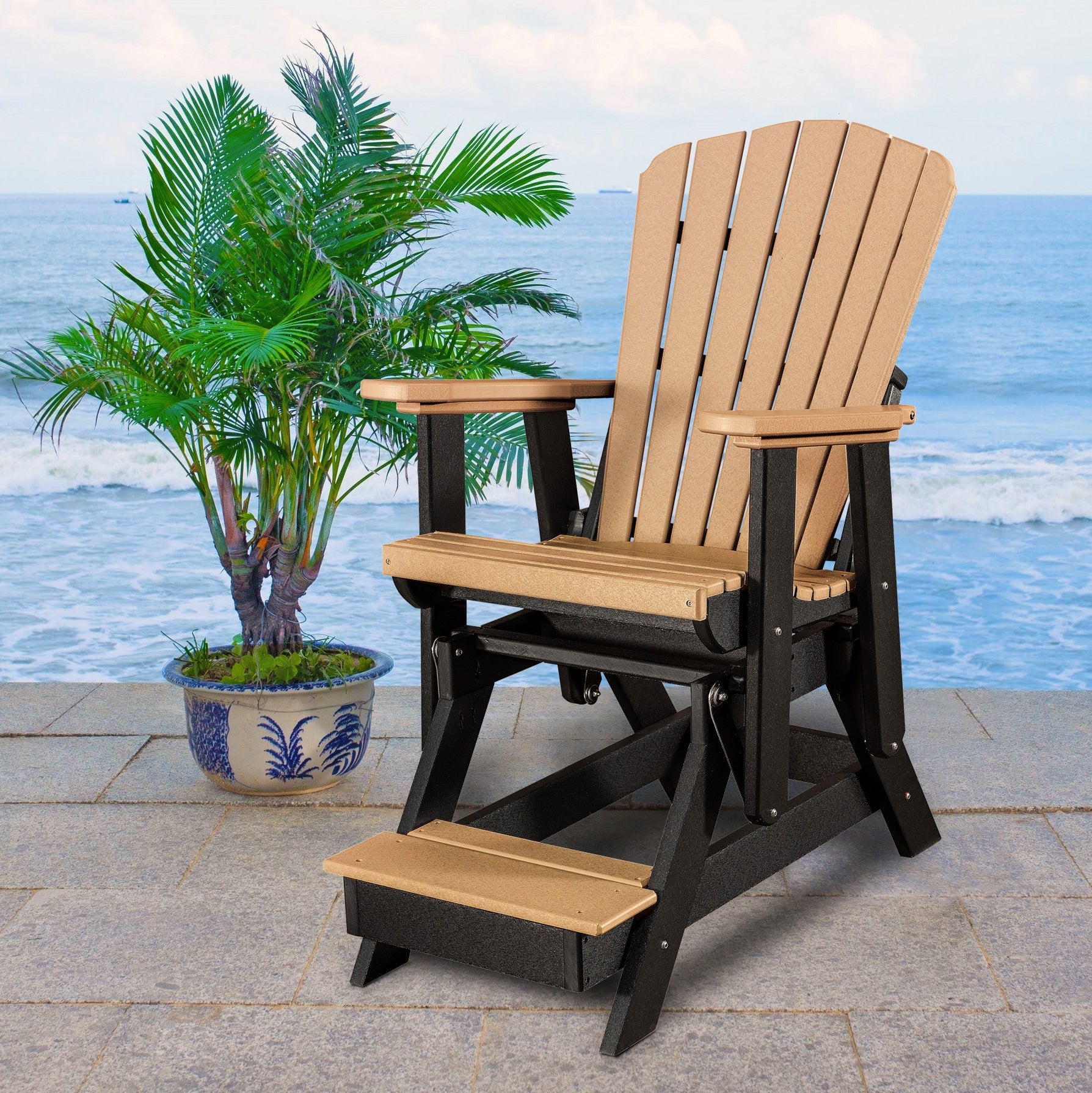 American Furniture Classics Adirondack Black HDPE Frame Glider Balcony Chair with Slat Seat