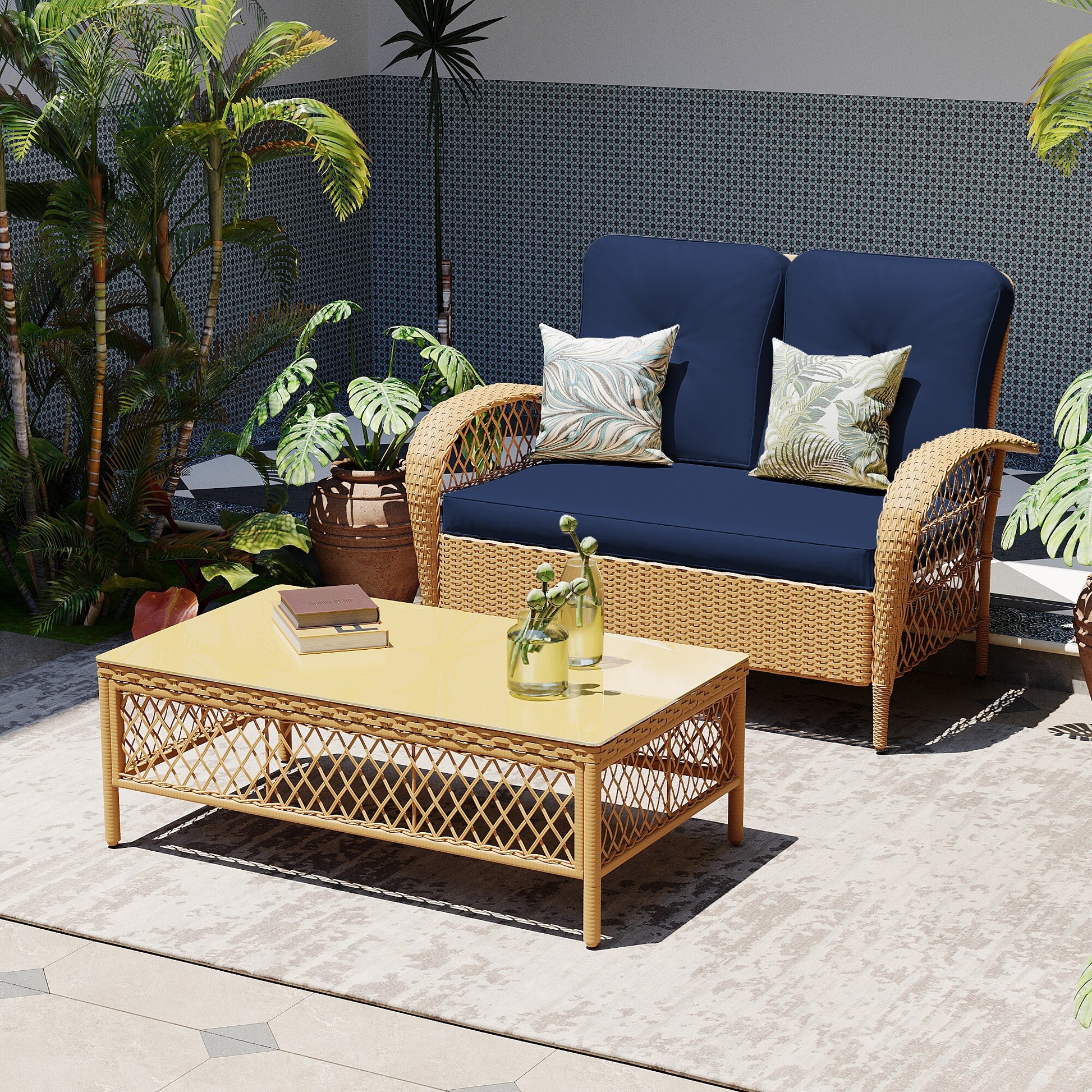 Patio Watcher 2-Piece Rattan Patio Conversation Set with Blue Beige Cushions