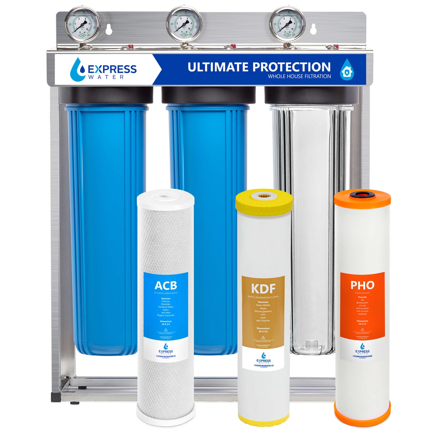 Express Water Carbon, Heavy Metal, and Anti-Scale Whole House Water Filtration System Triple-Stage 15-GPM 5 Micron