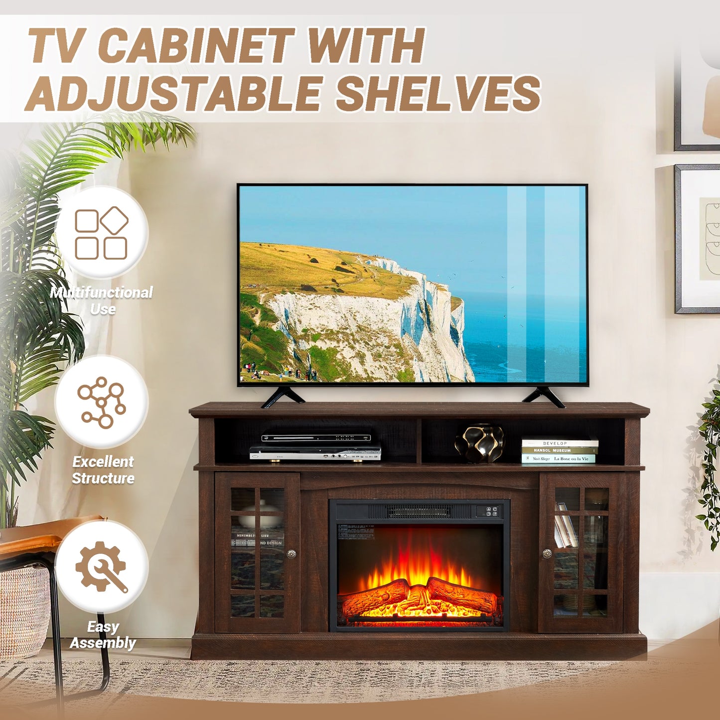 Fun Orange 58.25-in W Espresso TV Stand with Fan-forced Electric Fireplace FUN10FP09