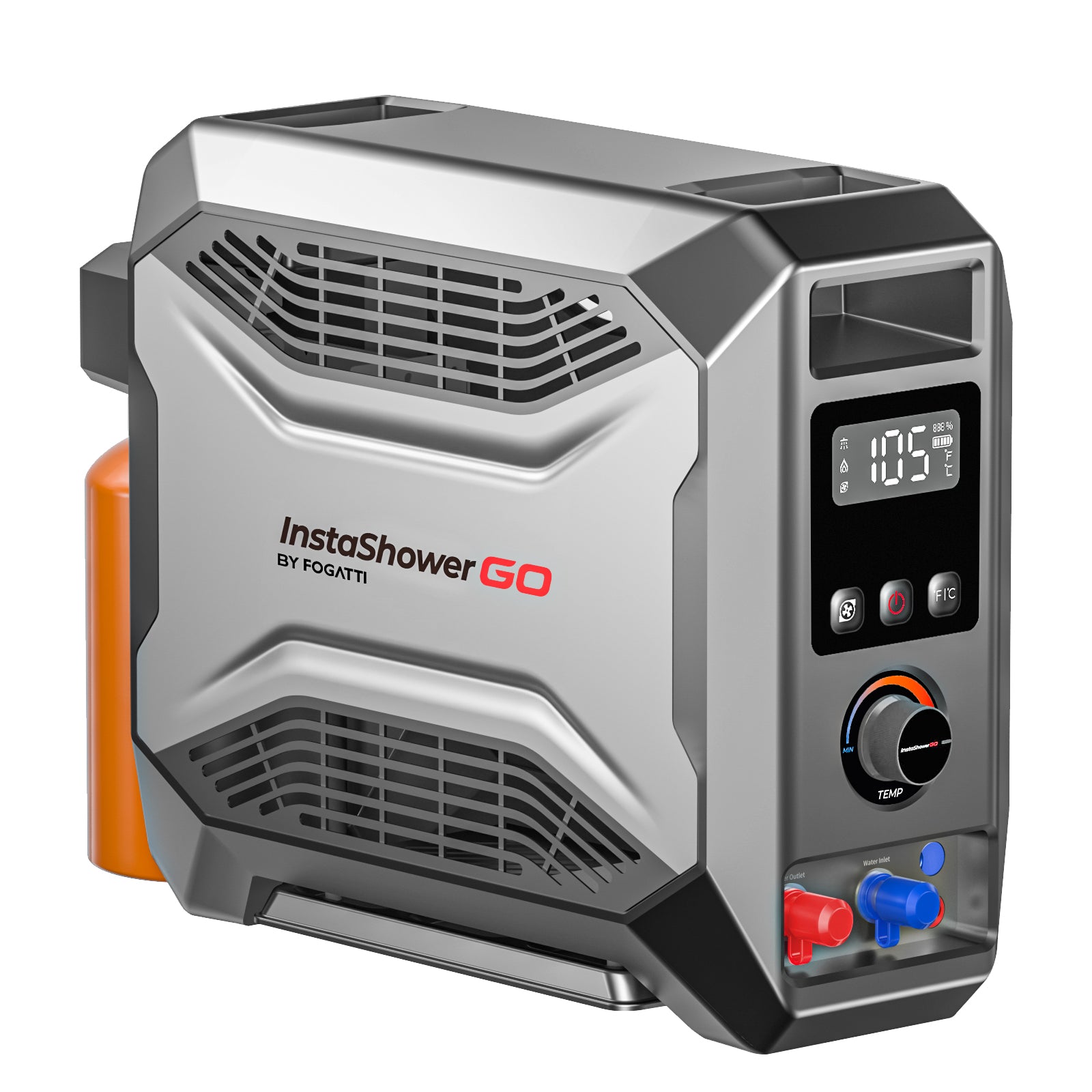 Fogatti Portable Propane Gas Water Heater, Instashower Go 19,000-BTU, with 5000mah Rechargeable Built-In Battery, Dc 12v, Outdoor Camping Shower with Tip-over Protection, Safety Shutoff