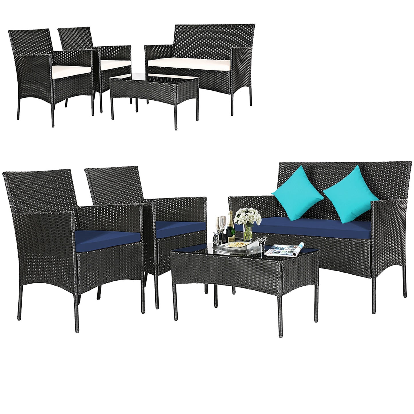 Costway 4 -Piece Rattan Patio Conversation Set with Blue Cushions