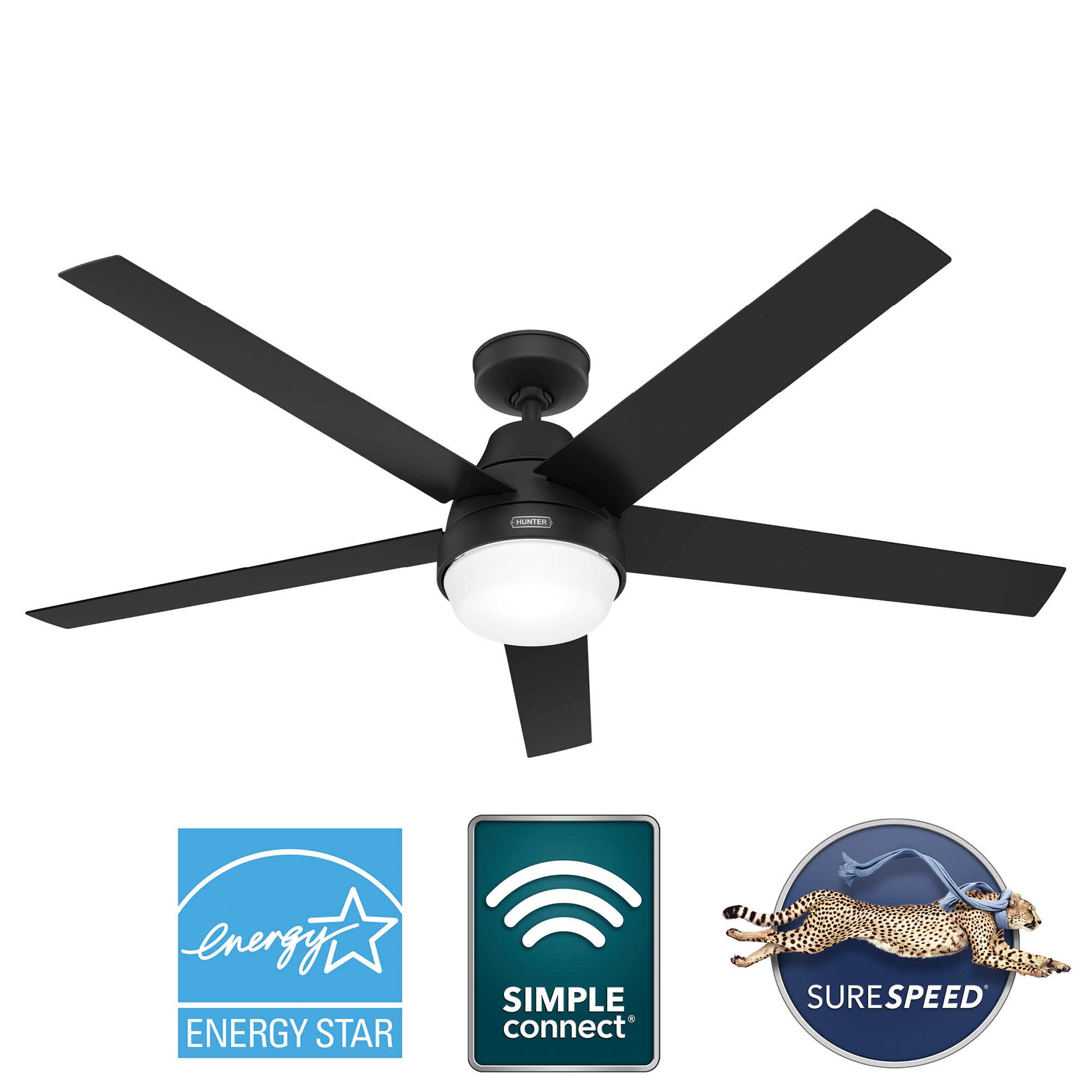 Hunter Aerodyne ENERGY STAR SIMPLEconnect 60-in Smart Matte Black with Matte Black Blades Ceiling Fan With Light - Remote Included ( 5 -Blade ) 6535510