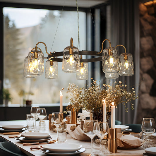 LNC Erharting 32.7'' 8 -Light Brushed Black Indoor Textured glass Glass Metal Chandelier