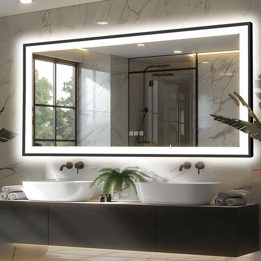 waterpar BacklitFrontlit Aluminum 60-in x 28-in Framed Rectangle Dimmable LED Lighted Fog Free Bathroom Vanity Mirror ( Matte Black )