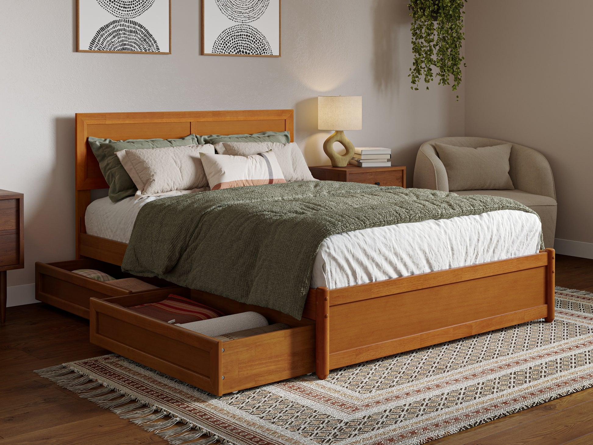 AFI Full Light Toffee Wood Platform Bed Storage with Headboard