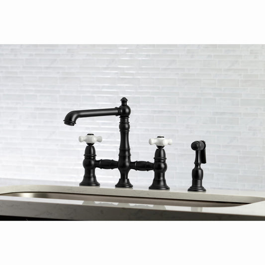 Kingston Brass English Country Matte black Double Handle Deck-mount Bridge Kitchen Faucet with Sprayer (Includes Side Sprayer)