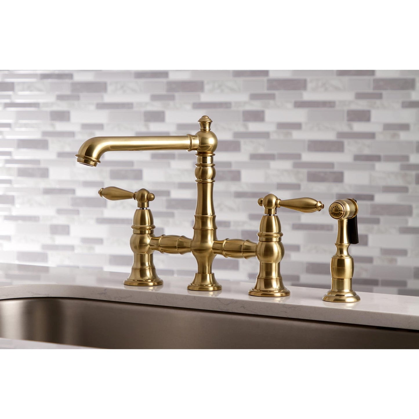 Kingston Brass English Country Brushed brass Double Handle Deck-mount Bridge Kitchen Faucet with Sprayer ( Side Sprayer Included )