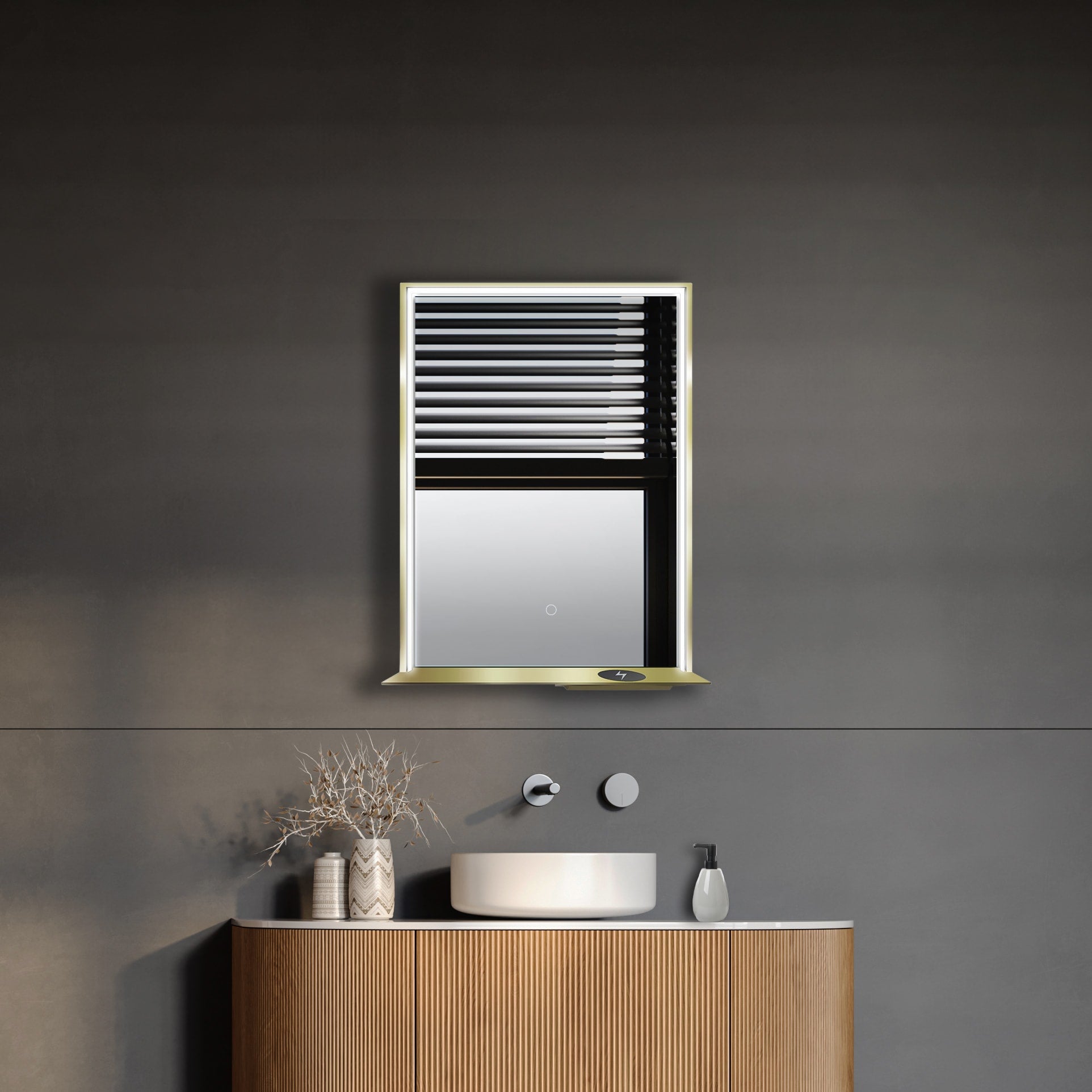 Dreamwerks LED Mirrors 24-in x 32-in Framed Rectangle Dimmable LED Lighted Fog Free Bluetooth Bathroom Vanity Mirror ( Gold )