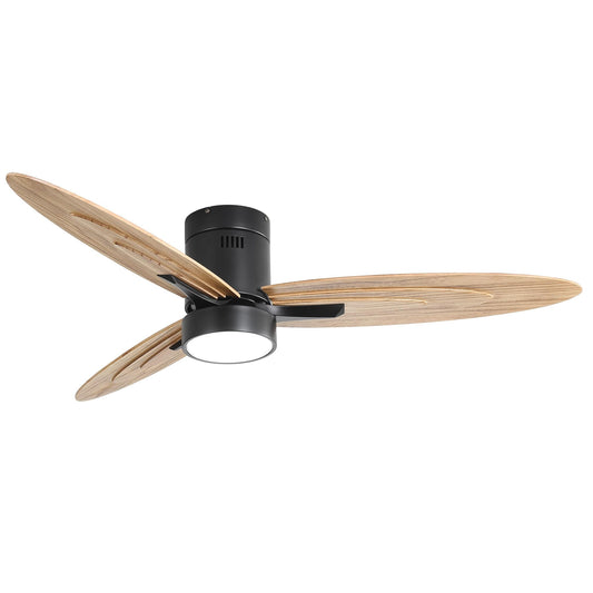 Bayfeve Adjustable Speed 56-in Black with Solid Wood Blades Color-Changing Covered Outdoor Flush Mount Ceiling Fan With Light 3 -Blade