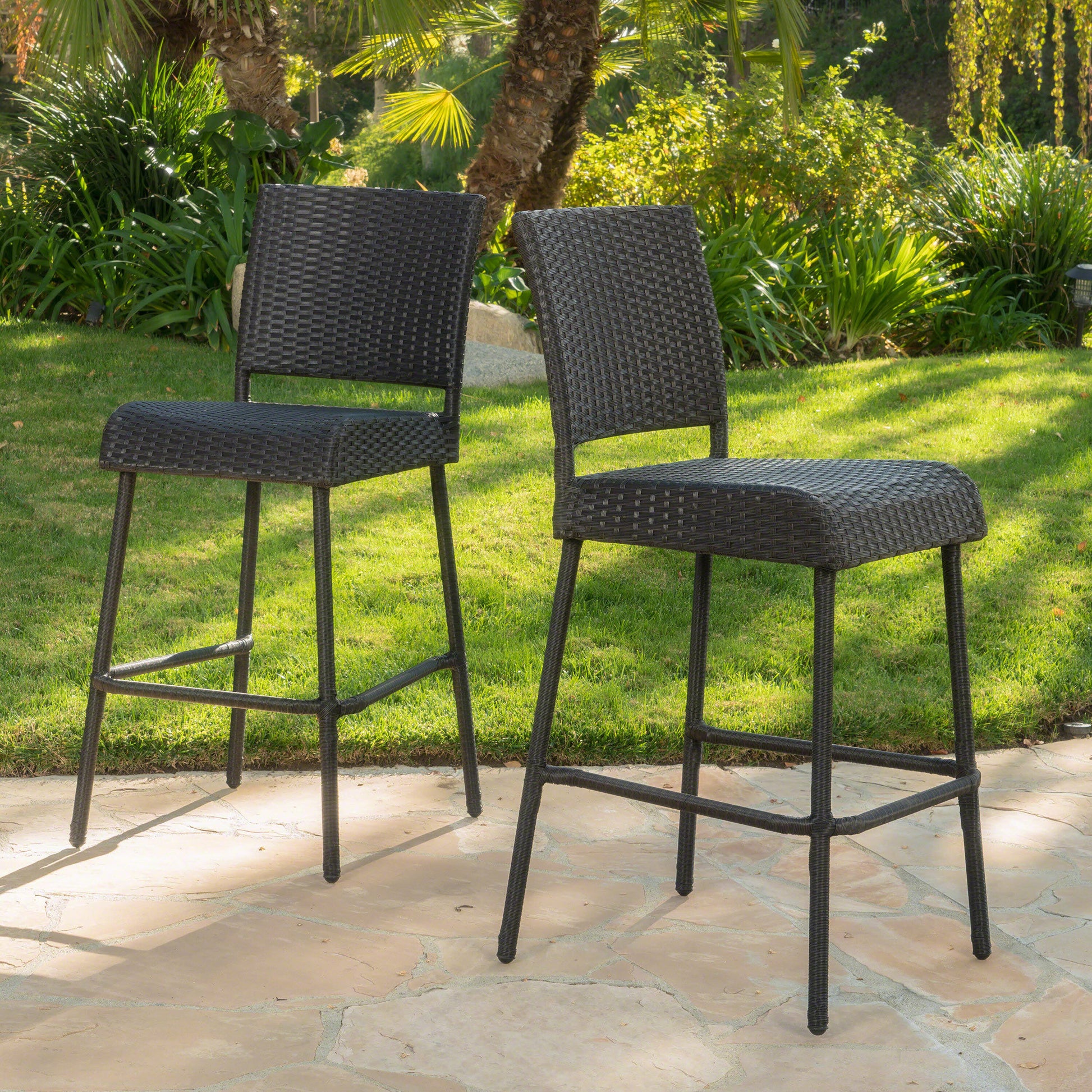 Moda Furnishings Classic Set of 2 Wicker Brown Iron Frame Stationary Bar Stool Chair with Solid Seat
