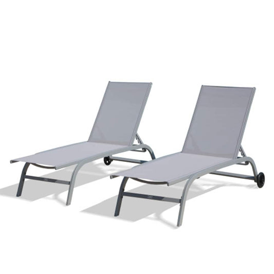Zeus & Ruta Set of 2 Woven Stackable Gray Aluminum Frame Stationary Chaise Lounge Chair with Blue Solid Seat