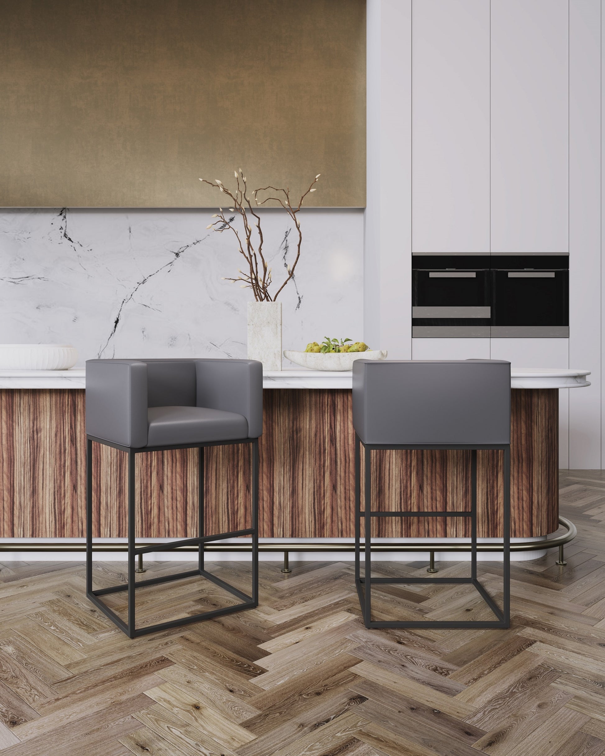 Manhattan Comfort Grey and Black 25.0-in H Counter height Upholstered Metal Bar Stool