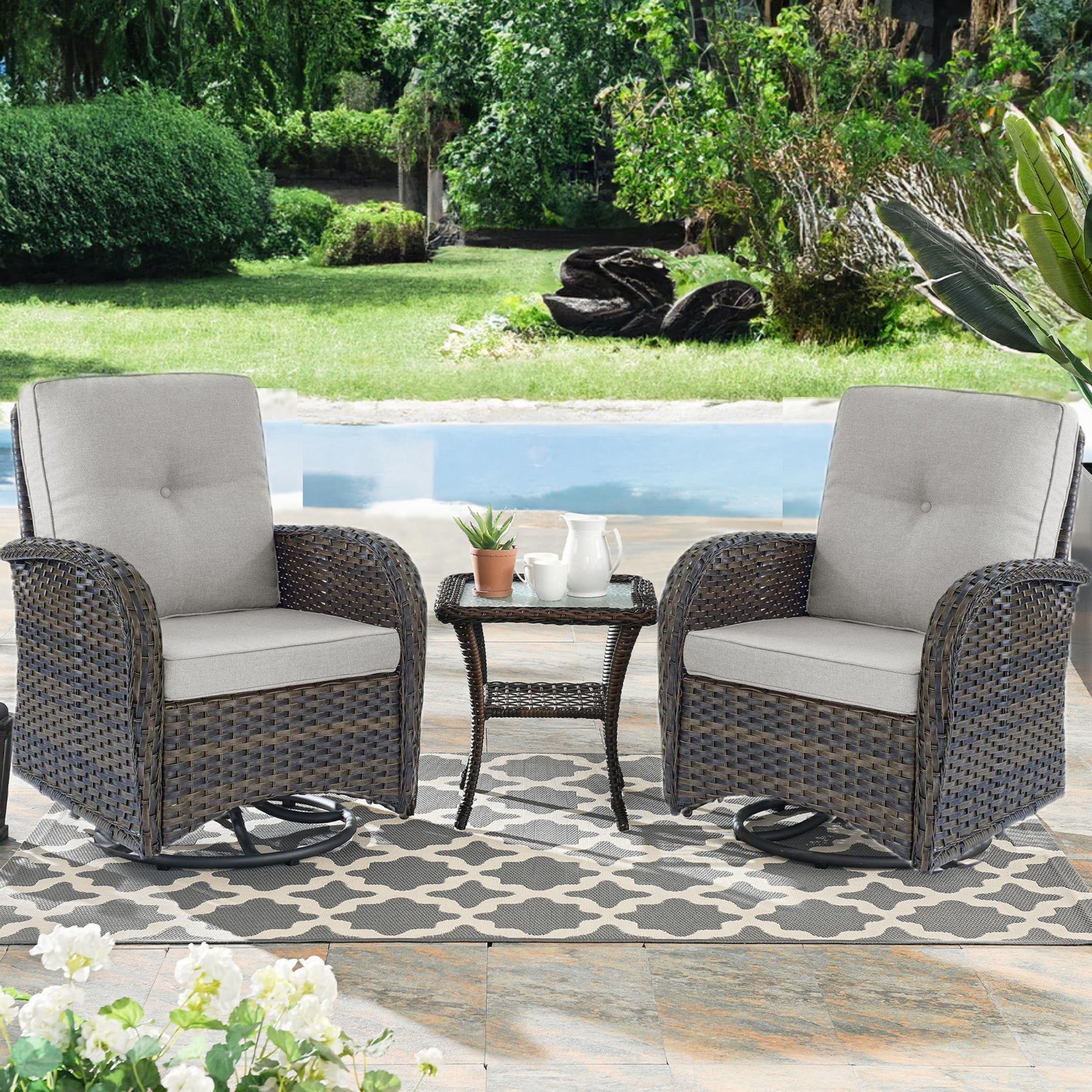 Jeehope PACHAIRS-T Set of 2 Wicker Brown Steel Frame Swivel glider Conversation Chair with Beige Cushioned Seat