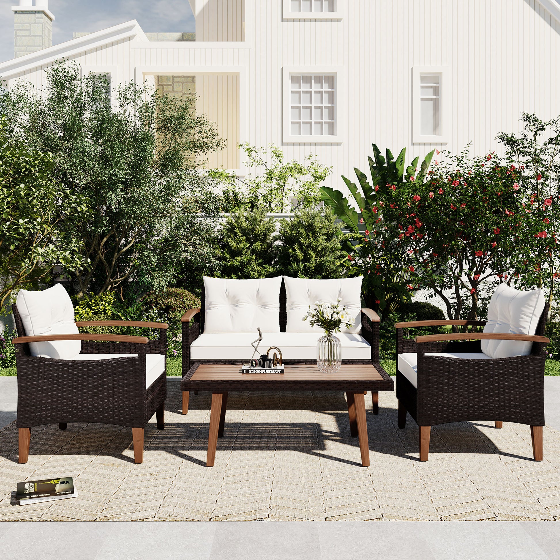 AAZJ Patio Conversation Sets 4 -Piece Wicker Patio Conversation Set with Beige Cushions