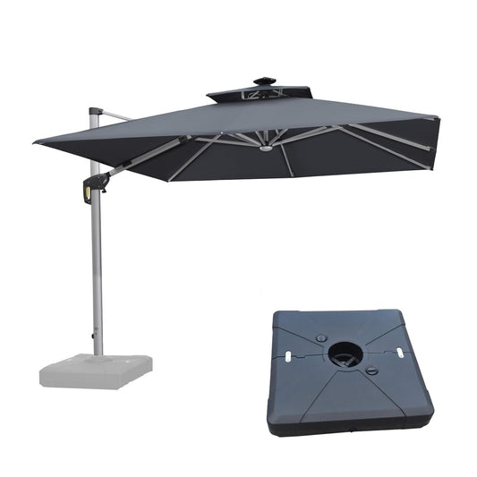 PURPLE LEAF 10-ft Aluminum Gray Crank Cantilever Patio Umbrella with Lights and with Base